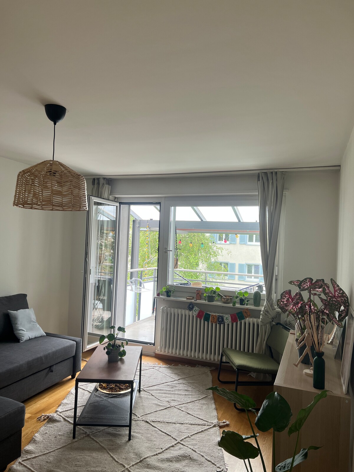 A living area is presented with a comfortable sofa and a wooden coffee table. Large glass doors lead to a balcony, allowing natural light to fill the space. A simple rug covers the floor, while houseplants and decorative items create a homely ambiance.