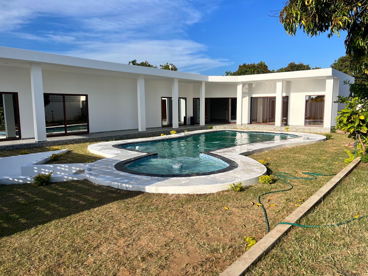 A modern home features a uniquely shaped swimming pool surrounded by a well-maintained lawn. The exterior showcases a minimalist design with large windows and a spacious outdoor area, providing ample sunlight and open space for relaxation.
