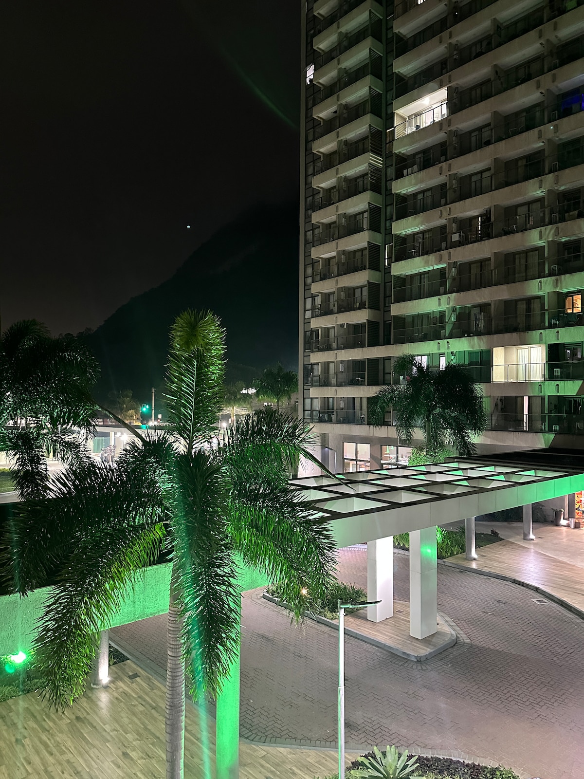 A modern condominium building is depicted at night, illuminated by green lighting. Lush palm trees are positioned in the foreground, while the well-lit entryway is visible below. The structure features multiple floors, with windows showcasing warm light from within.