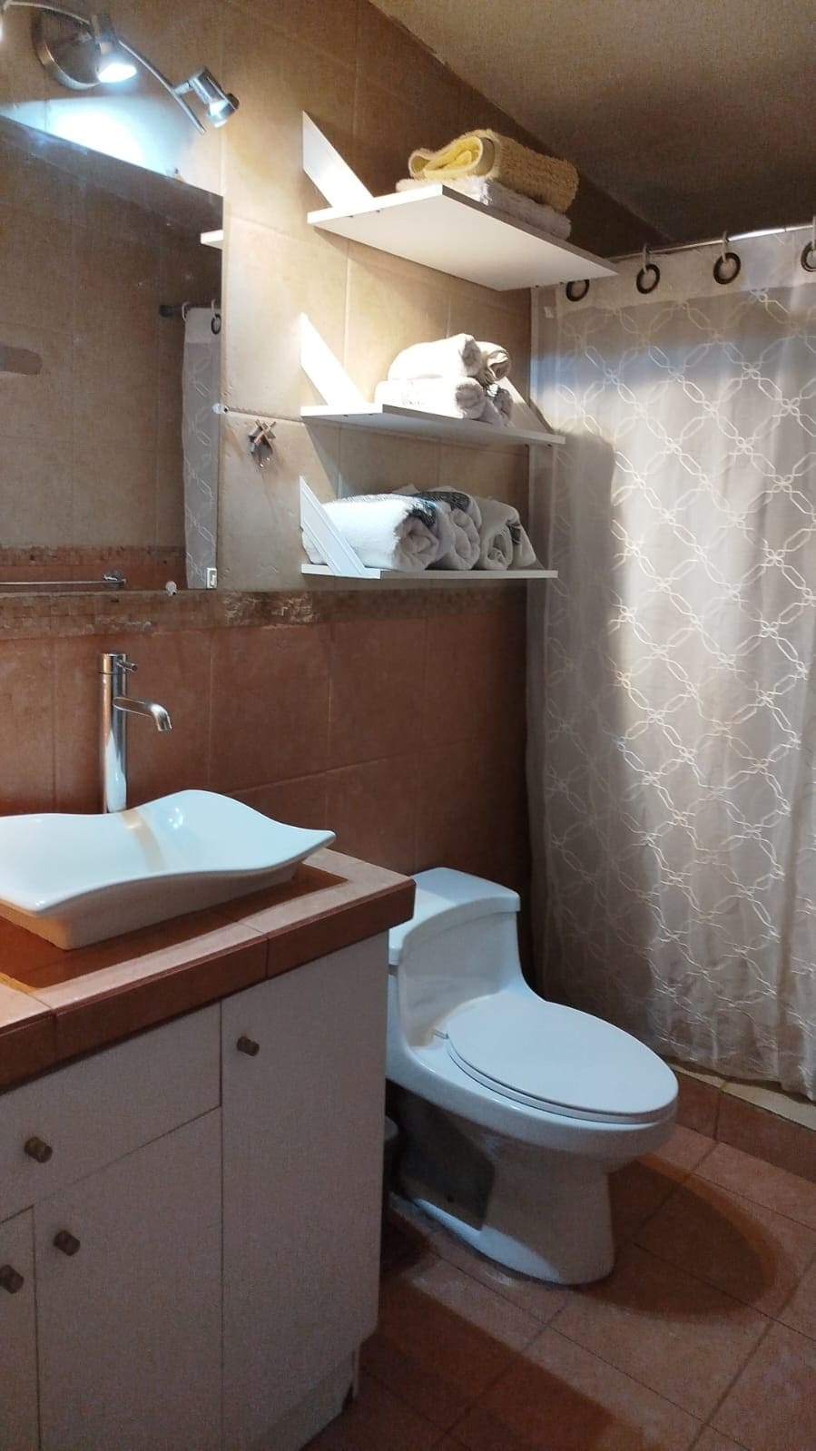 A well-organized bathroom features a modern sink atop a wooden countertop, with neatly arranged toiletries and rolled towels on wall-mounted shelves. A shower curtain adds a touch of privacy, while warm lighting enhances the clean, neutral tones of the space.