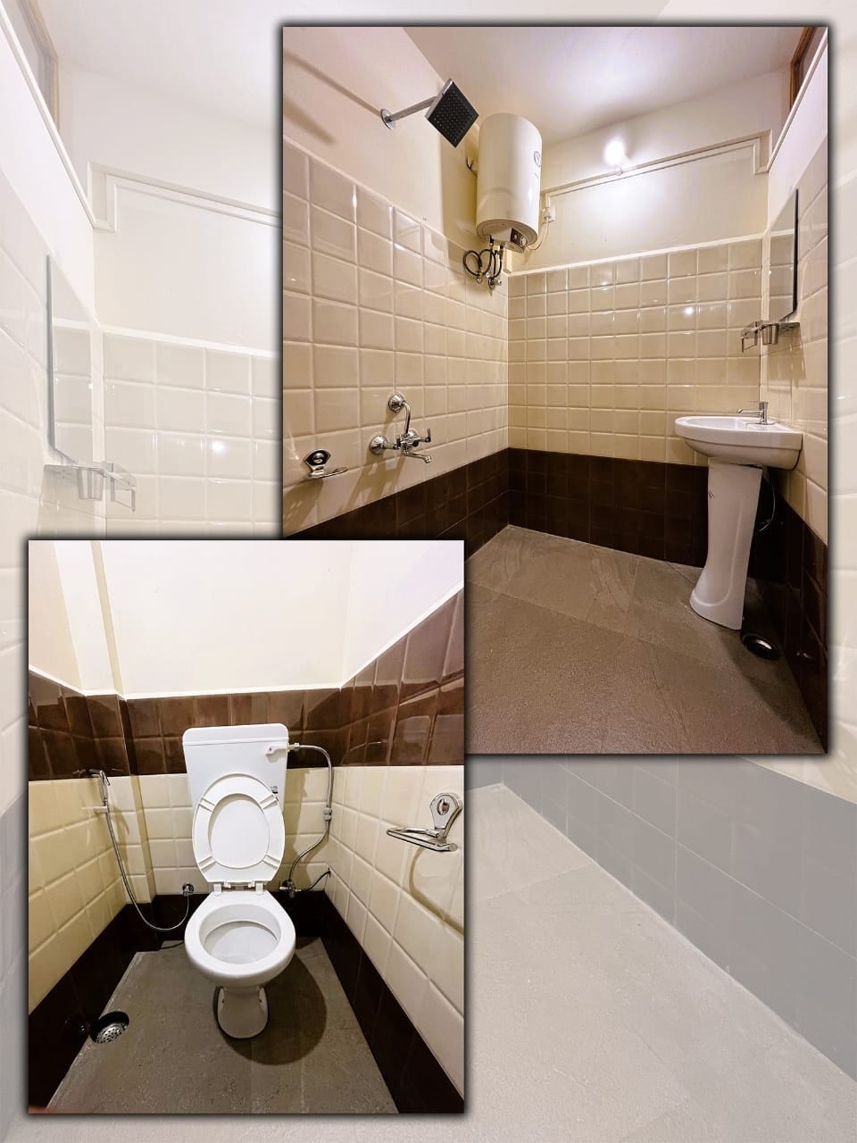 A modern bathroom with a shower area and tiled walls in neutral tones. A compact sink is situated next to the shower, while a toilet is located in a separate section. The flooring is smooth and features a light color, providing a clean and functional space.