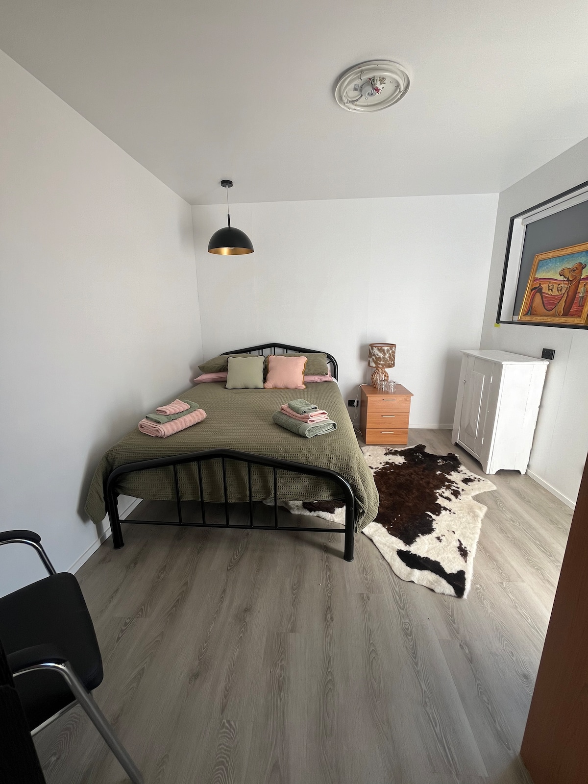 A clean room features a black metal bed with a green blanket, accented by pillows in soft hues. A woven area rug adds texture to the wood-like flooring. Natural light enters through a window, illuminating a bedside table and white cabinet against the wall.