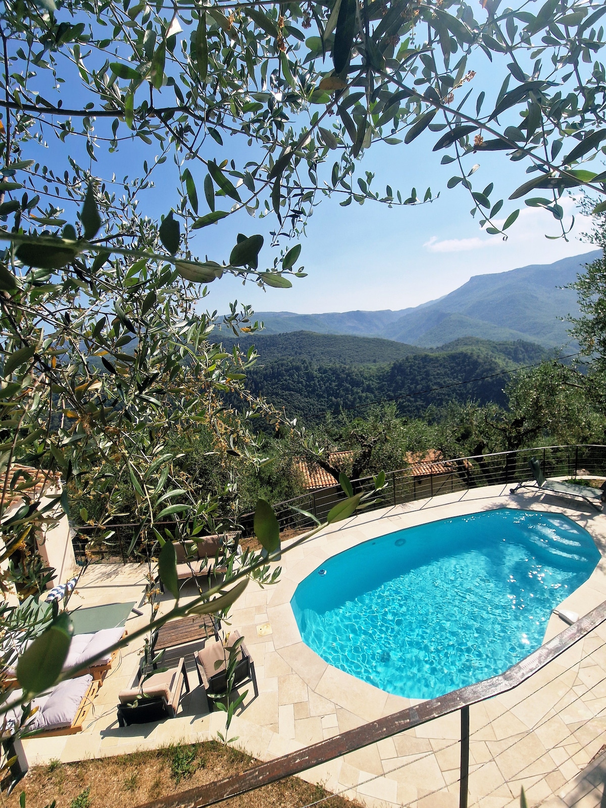 A private swimming pool is surrounded by a sunlit terrace, featuring lounge chairs arranged for relaxation. Olive trees frame the scene, offering a natural setting with panoramic views of the mountains in the distance, enhancing the outdoor ambiance.