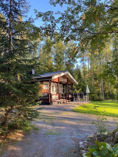 Small log cabin by the lake