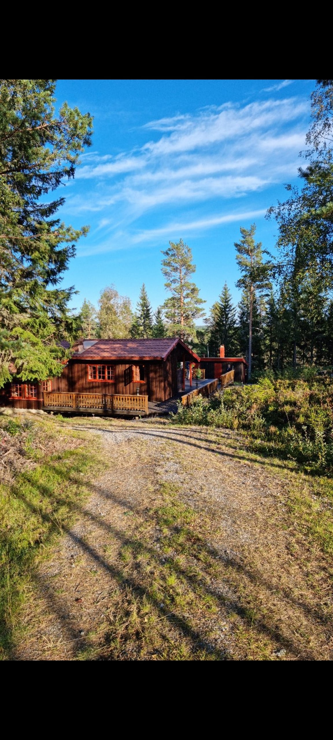 A charming wooden cabin is surrounded by trees and nature. The structure features a sloped roof and a small porch area. A gravel path leads up to the entrance, inviting a sense of seclusion and tranquility in the forested landscape.