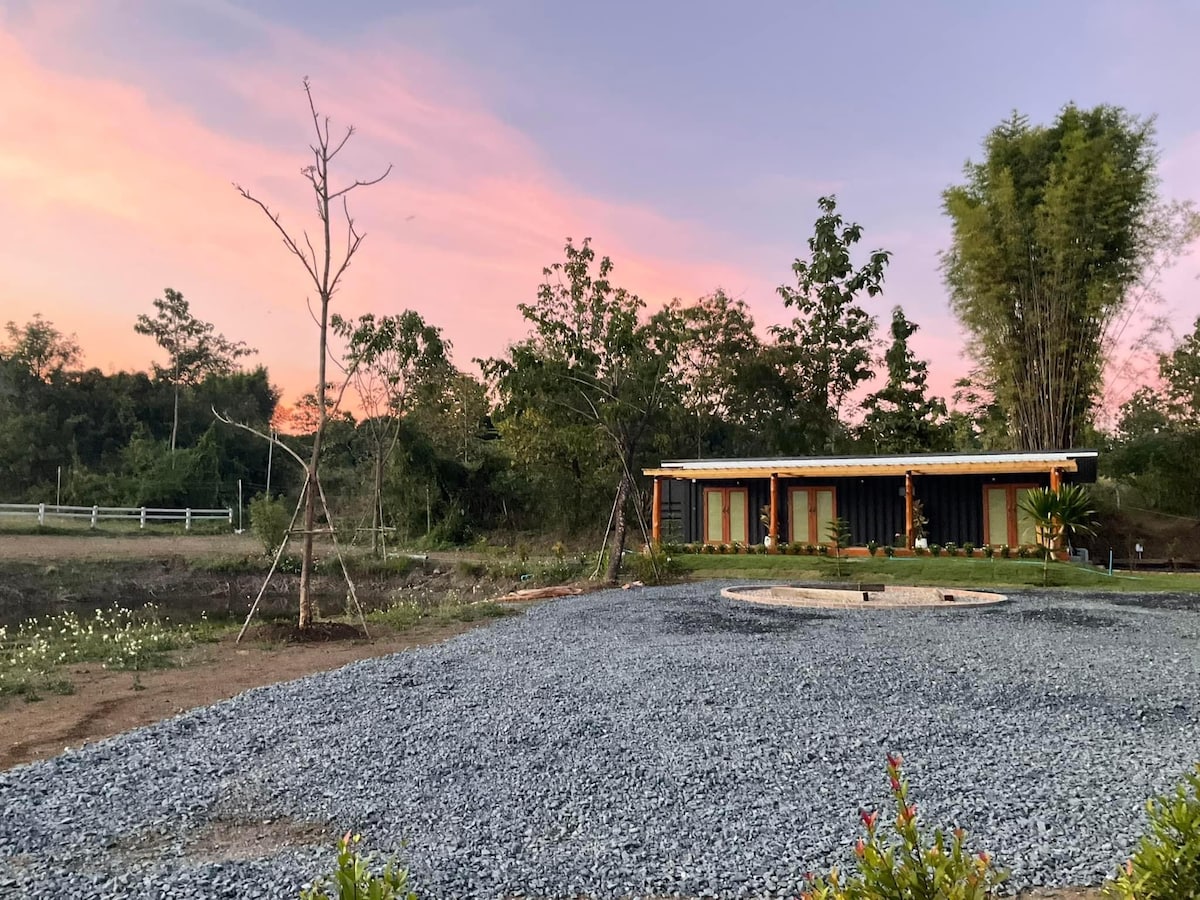 A new build home is set against a backdrop of soft pastel skies at dusk. Surrounding greenery and mature trees complement the gravelly yard, while a circular stone area invites outdoor gatherings. The home features a modern and simple design with large windows and natural accents.