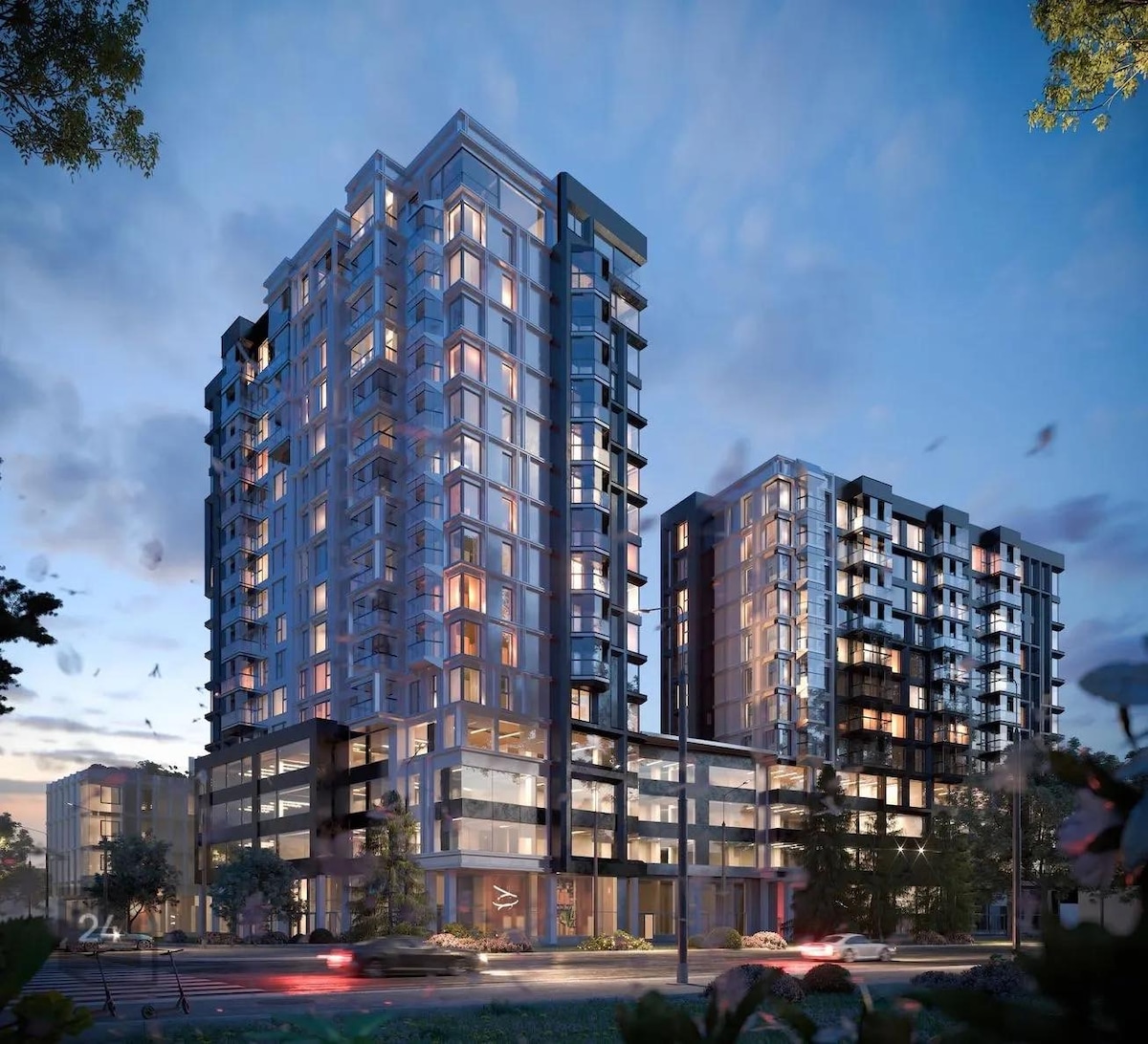 A modern, multi-story building is depicted, showcasing its sleek design and expansive glass facades. The structure is set against a twilight sky, with warm lights glowing from within. Surrounding greenery adds to the architectural elegance.