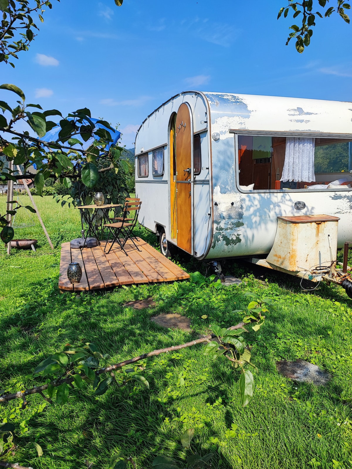 A vintage caravan is positioned on a grassy area, featuring a wooden deck with a small round table and two chairs. Lush greenery surrounds the caravan, while a swing set is visible nearby. The sky is clear with a hint of clouds.