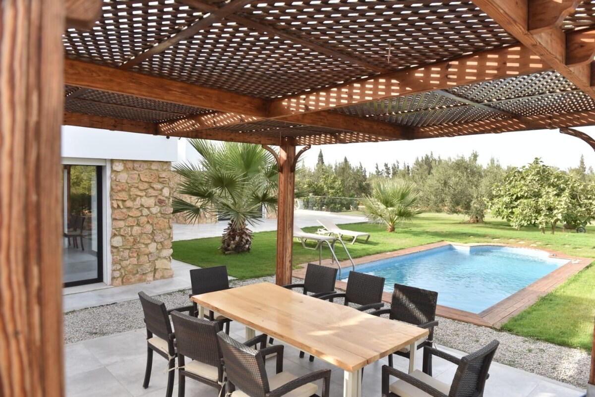 An outdoor dining area is framed by a wooden pergola, equipped with a long table surrounded by dark wicker chairs. In the background, a small pool is visible, complemented by a grassy lawn and palm trees, creating a serene garden setting.