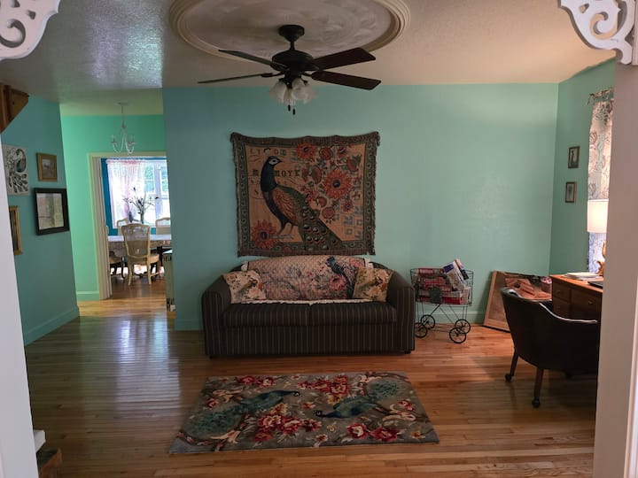 Салон со кауч за спиење со брачен кревет (широк 150-179 см) и работен простор. 