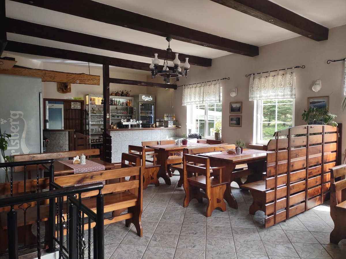 The spacious dining area features wooden tables and benches arranged for communal seating. A bar counter is visible in the background, stocked with beverages. Large windows allow natural light to brighten the space, complemented by decorative plants and simple wall art.