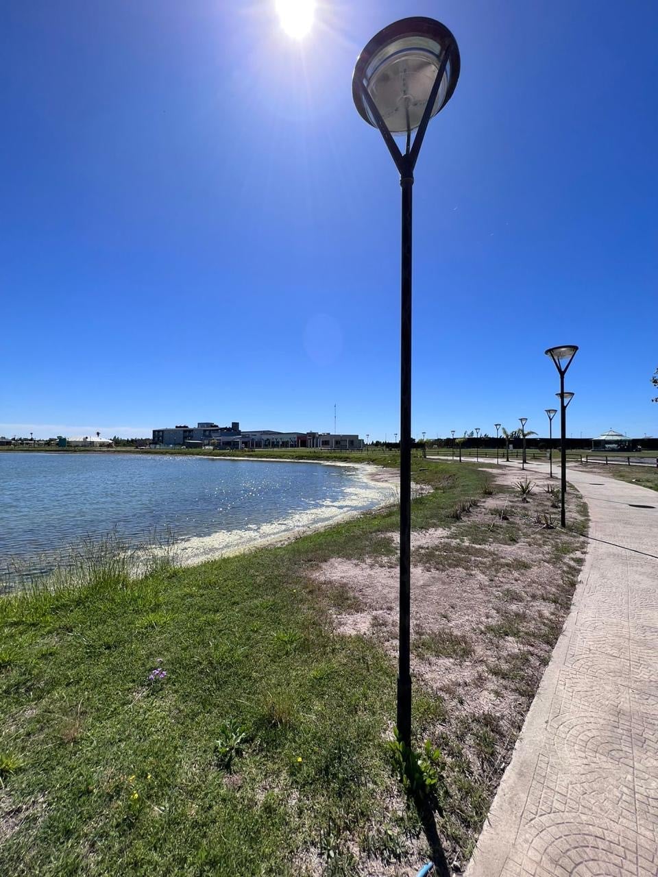 A waterfront path is bordered by green grass, leading alongside a calm body of water. Several lamp posts stand along the walkway, casting shadows on the paved surface. The clear blue sky is illuminated by the sun, creating a serene atmosphere.