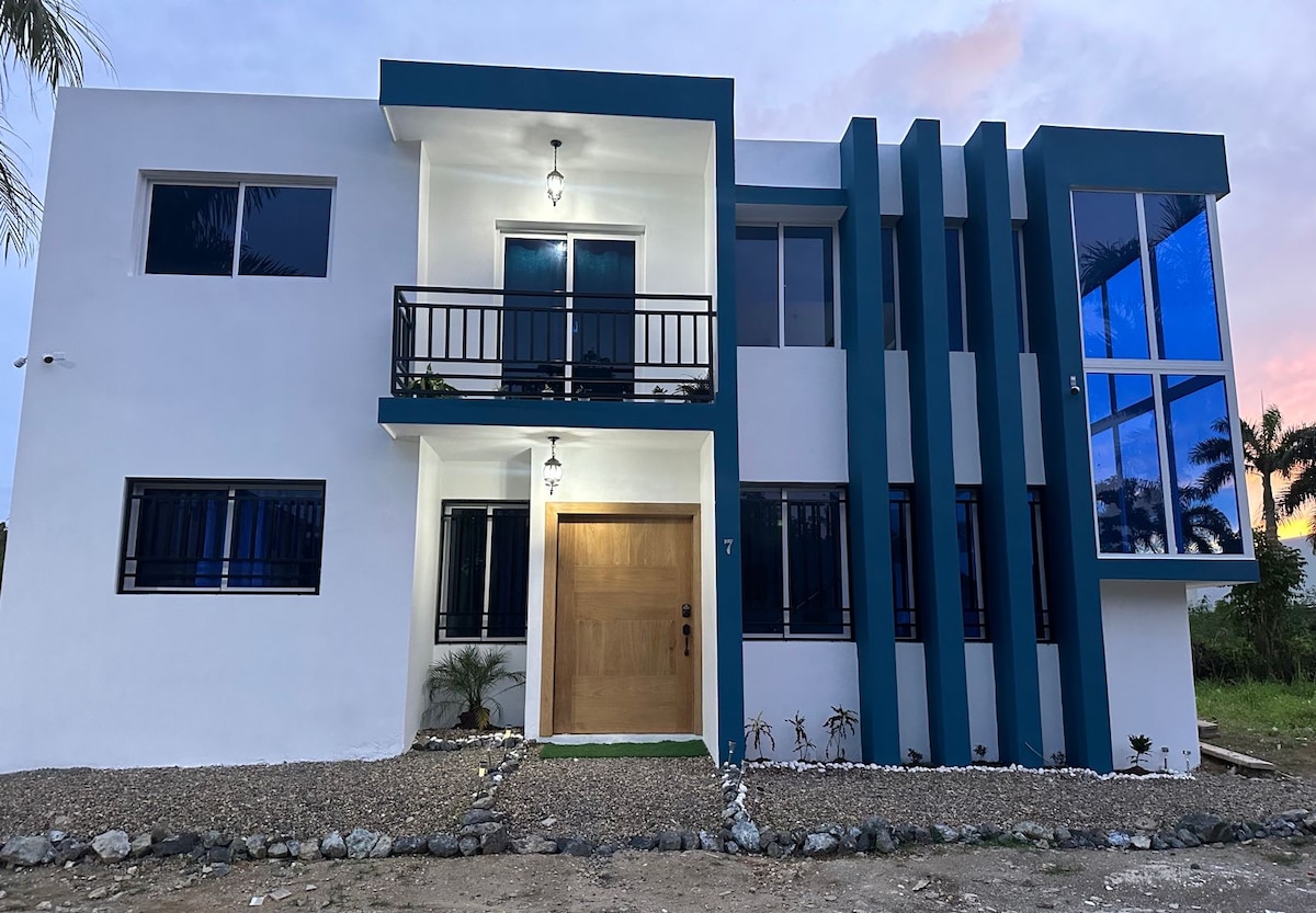 The exterior of a modern two-story building is highlighted by a striking blue and white color scheme. Large windows enhance natural light, while a wooden front door adds warmth. Decorative stones and plants line the pathway leading to the entrance.