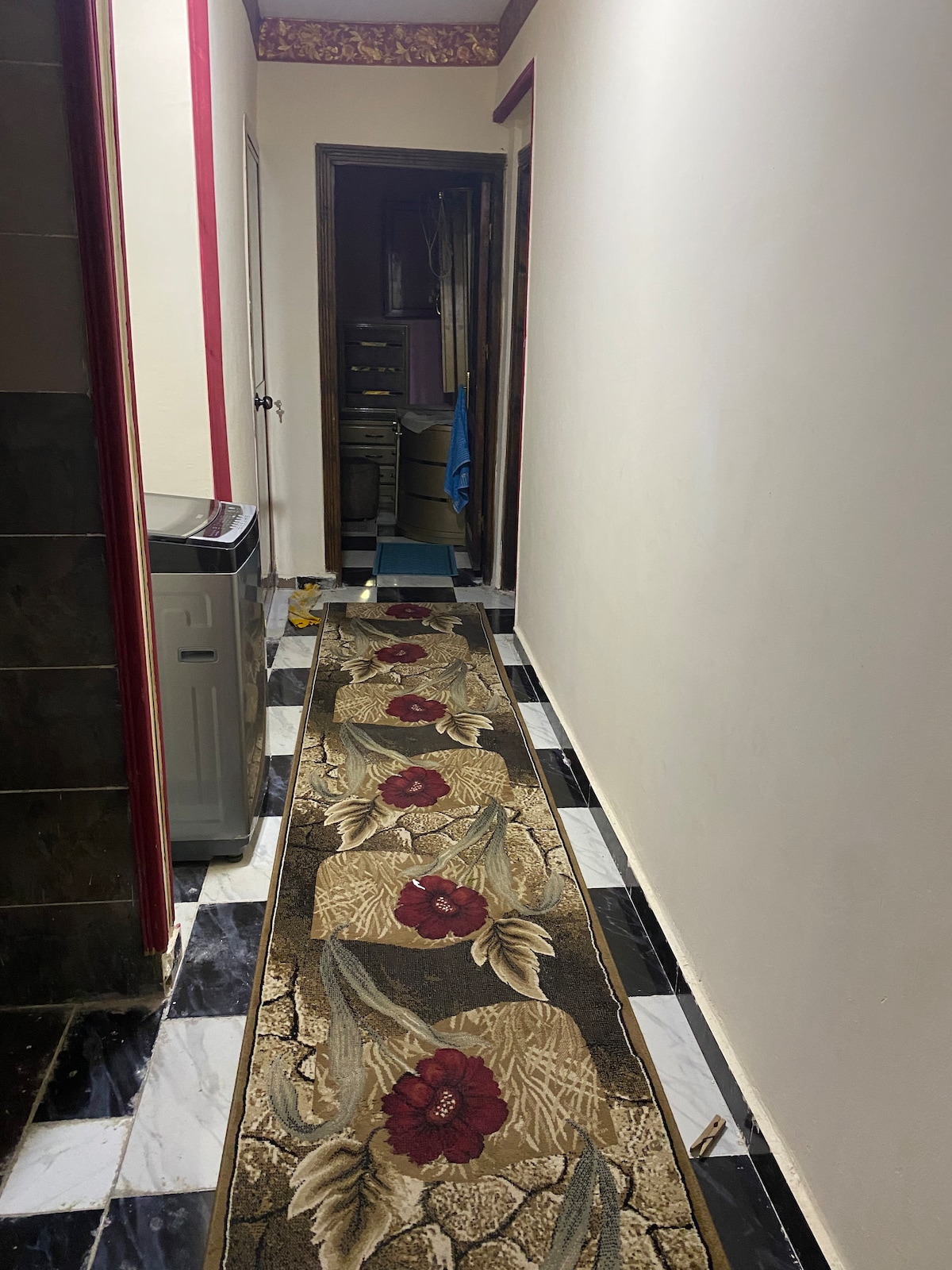 A narrow hallway is shown with patterned floor tiles, featuring a decorative rug adorned with floral motifs. The walls are painted in a light color, while dark tiles line the edges, creating a balanced contrast. A door is visible at the end of the corridor.