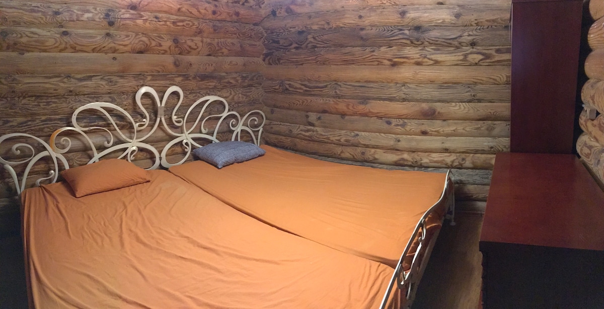 A spacious sleeping area features a distinctive wrought iron bed with an elegant design. The bed is dressed in a warm orange cover, complemented by two cushions. Rustic wooden walls reflect the natural ambiance of the cabin, enhancing the cozy environment.