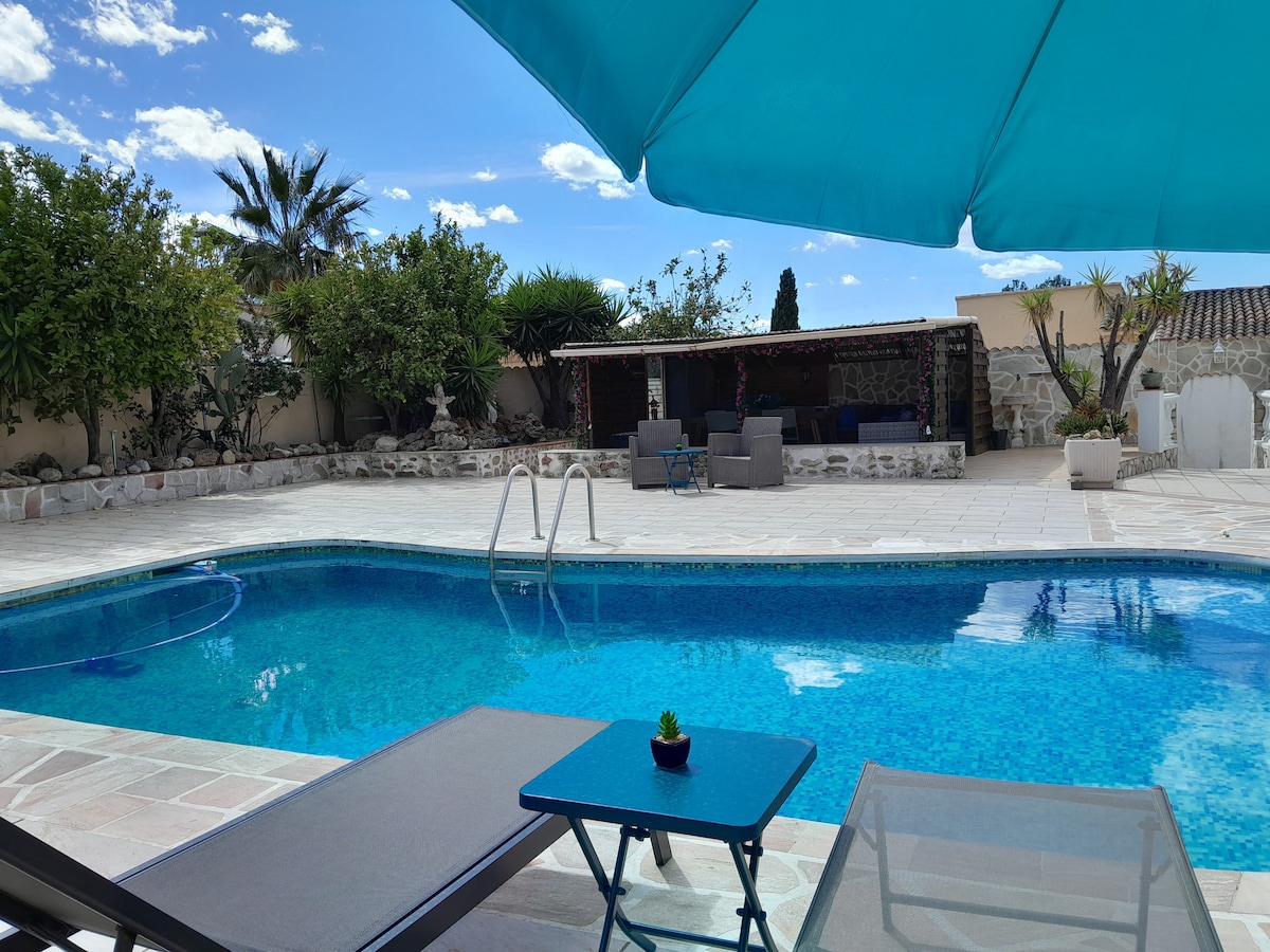 A serene outdoor area features a salt-water pool with steps leading in, surrounded by a patio area. Comfortable lounge chairs are positioned under a large umbrella, accompanied by a small table. Lush greenery and a shaded outdoor seating area are visible in the background.