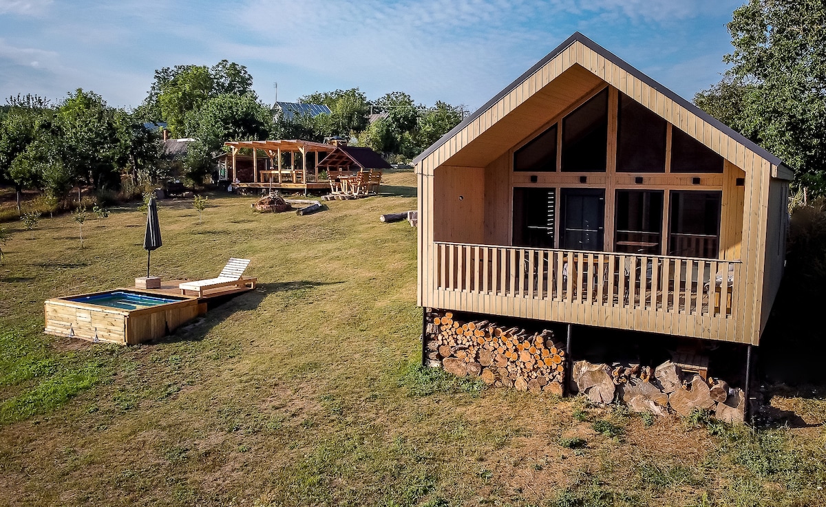 A modern wooden cabin is positioned on a grassy slope, featuring a deck with wooden railings. Nearby, a small pool reflects the sky, accompanied by a sun lounger. A gazebo is visible in the background, surrounded by trees, creating a serene outdoor setting.