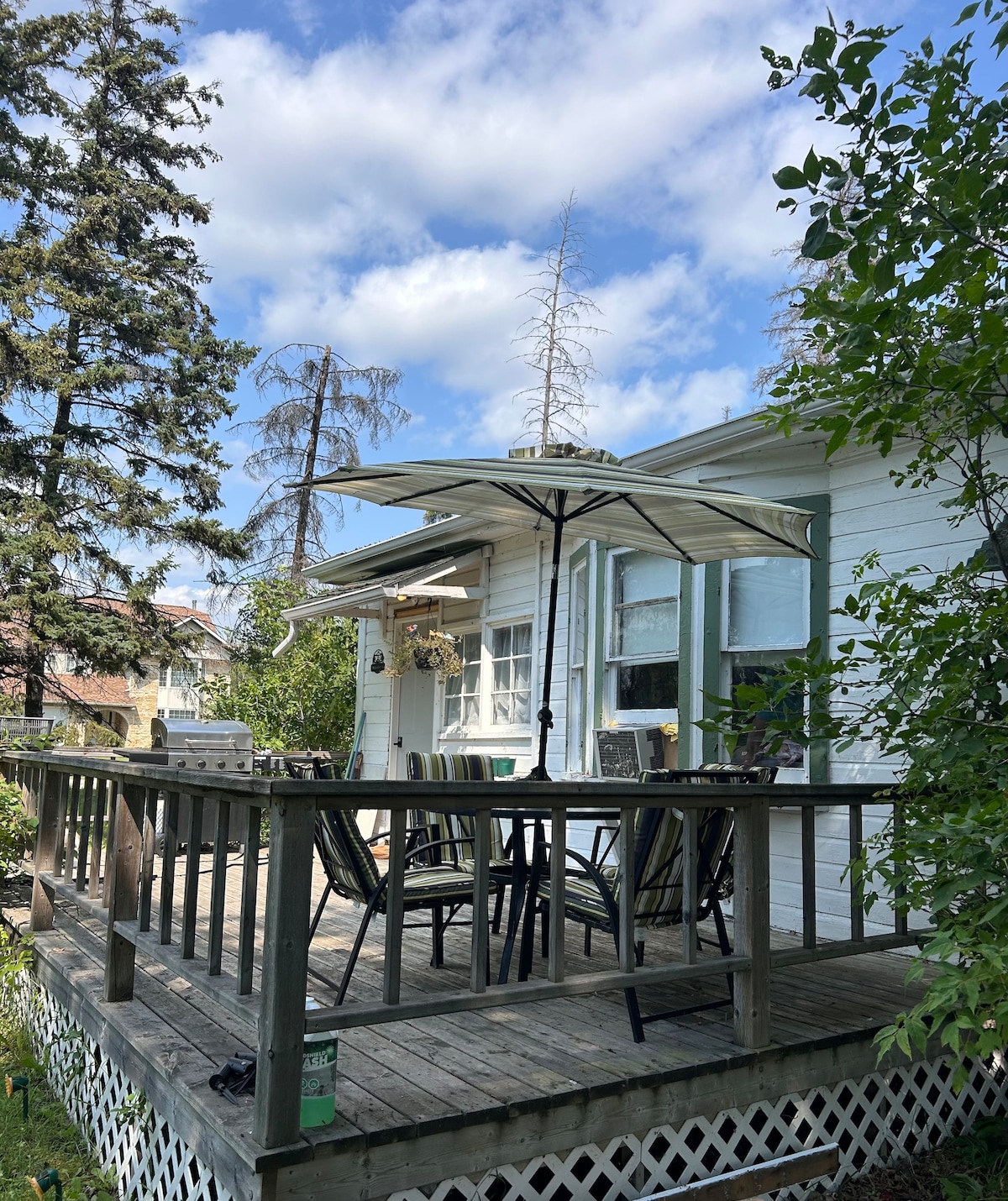 A spacious deck is featured, equipped with a large umbrella and a set of chairs around a table. Lush greenery surrounds the area, enhancing the natural setting. The cabin's exterior is visible, showcasing a charming combination of siding and large windows.