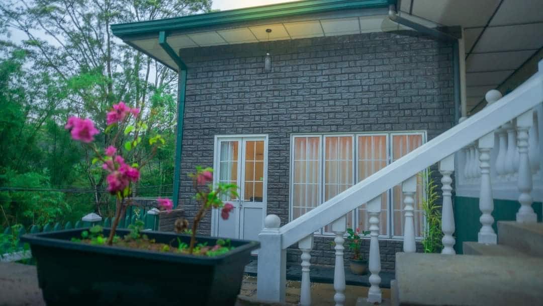 A two-story building featuring a textured grey exterior. A set of white steps leads to the entryway, which is framed by large windows with sheer curtains. A planter with pink flowers adds a touch of color to the foreground, complementing the greenery in the surrounding area.