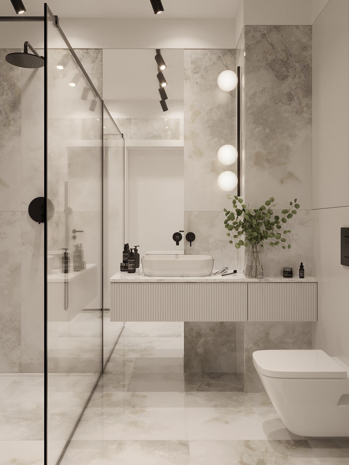 The bathroom features a spacious walk-in shower enclosed by glass, showcasing elegant stone wall tiles. A modern sink is positioned on a sleek countertop, complemented by decorative plants. LED lights illuminate the area, enhancing the contemporary design of the overall space.