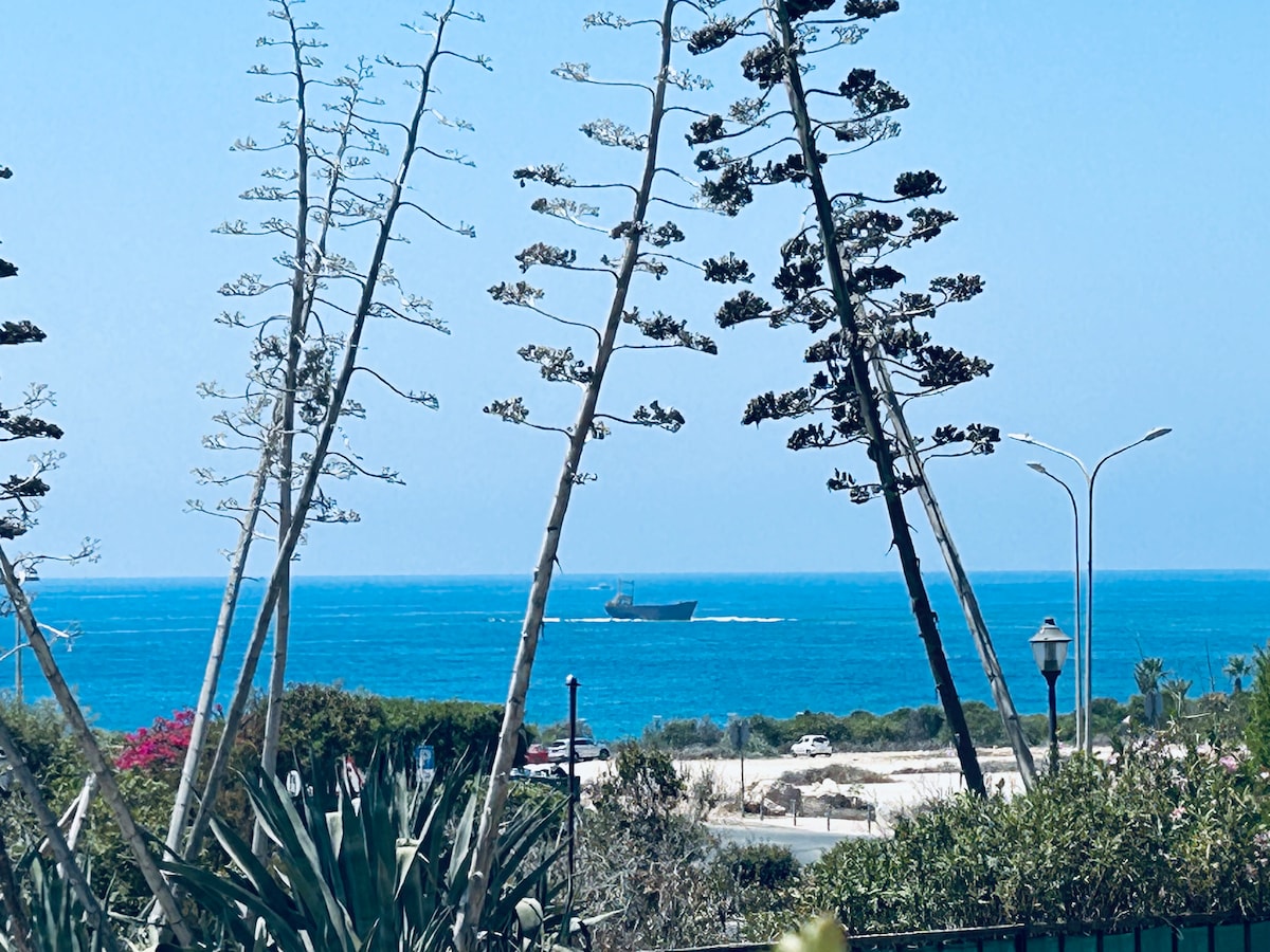 A view of the sea is framed by tall, slender trees, creating a natural border. In the distance, a ship is visible on the water. The clear blue sky contrasts with the vibrant greenery, enhancing the coastal scenery.