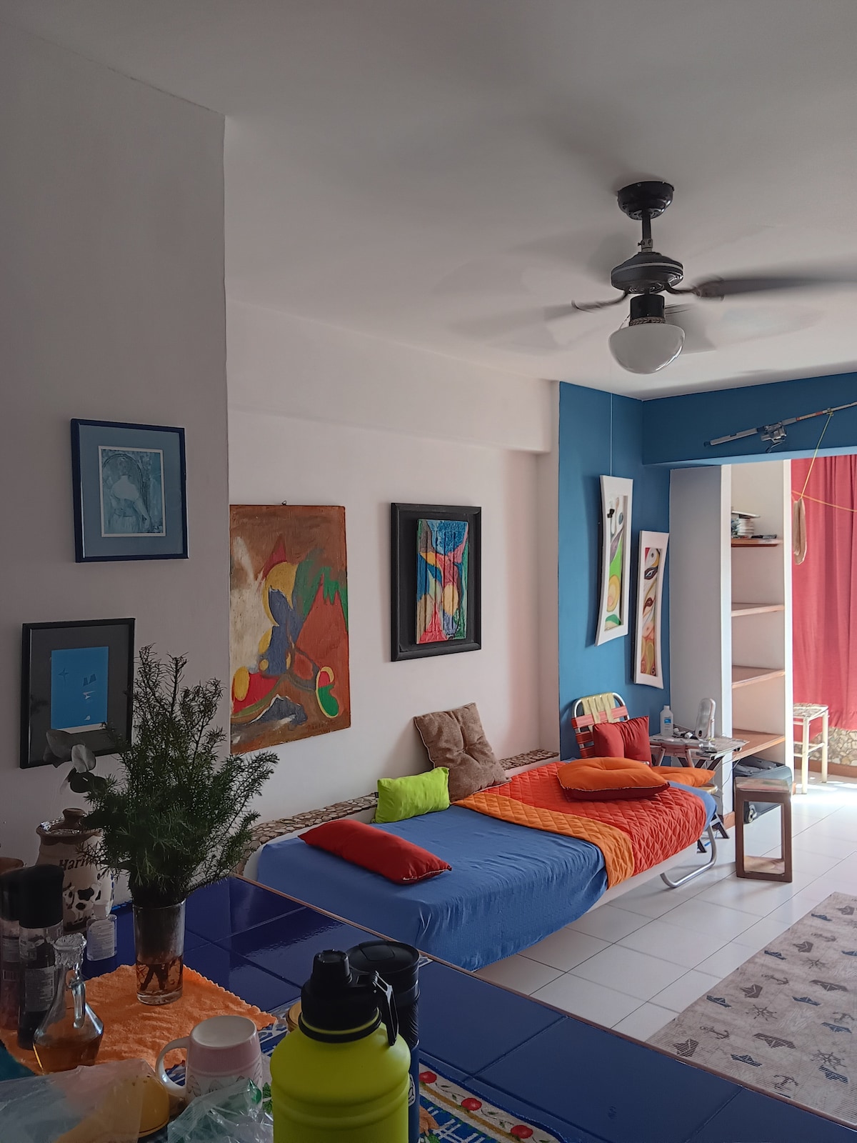 A compact living space features colorful wall art, enhancing the decor. A small bed is accented by bright cushions, while a ceiling fan is visible above. A shelf with neatly arranged items is located in the background, and a curtain adds a touch of privacy.
