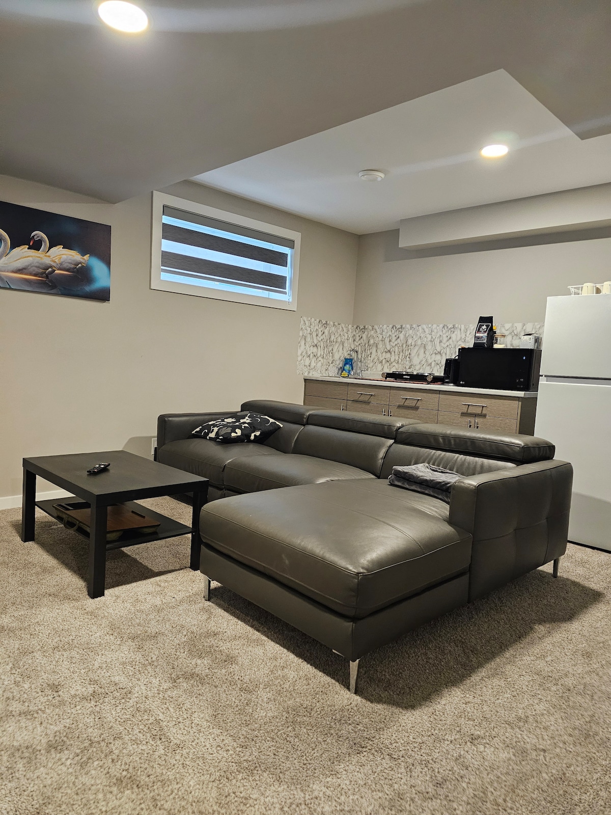 A modern living area features a gray sectional sofa positioned near a small black coffee table. Light-colored carpet covers the floor, while a compact kitchenette with cabinetry and appliances can be seen in the background. Natural light enters through a window with horizontal shades.