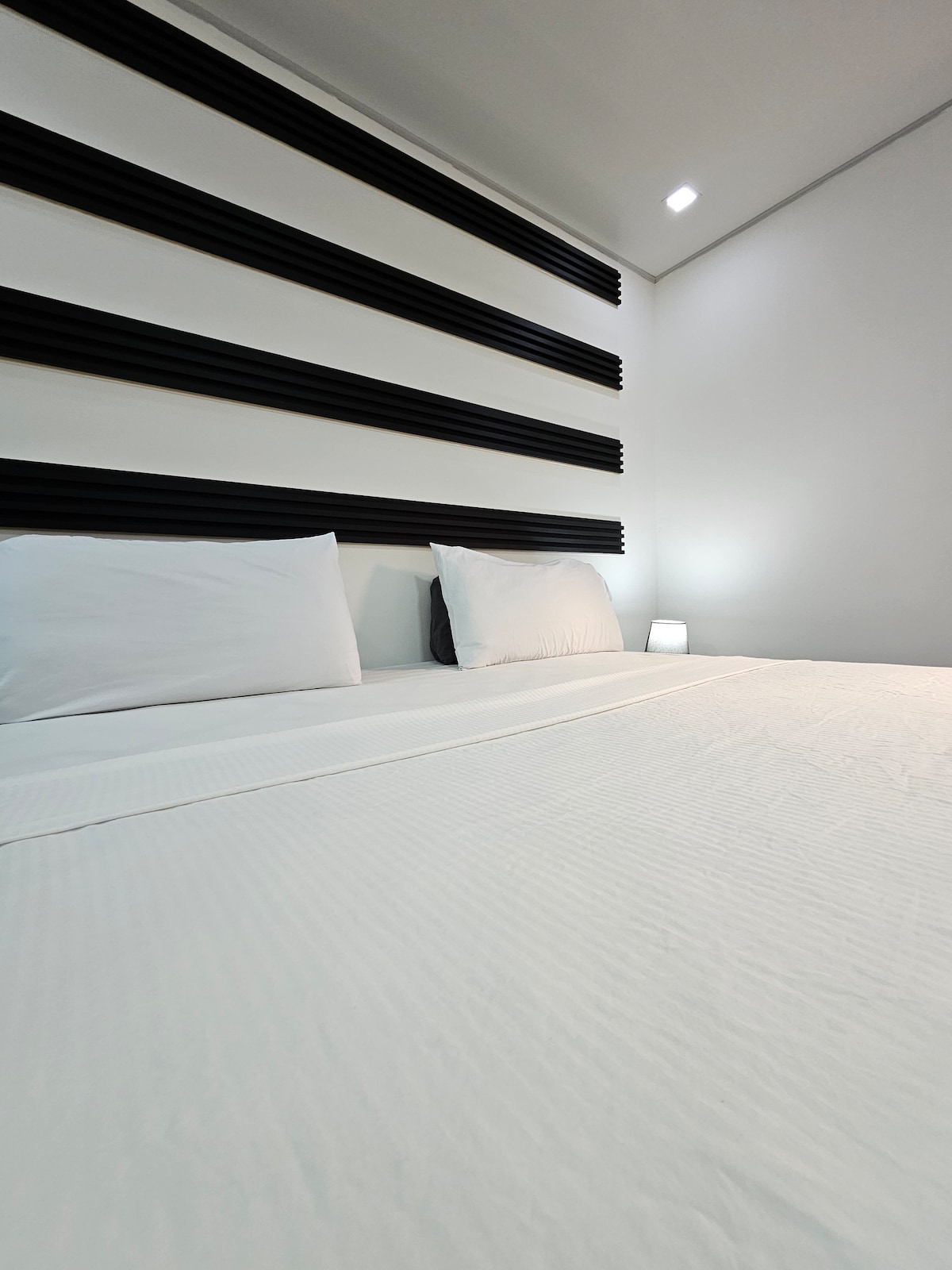 A neatly arranged sleeping space features two soft pillows positioned on a spacious bed. The backdrop consists of a smooth white wall accented with dark horizontal panels, while a small bedside lamp provides subtle illumination.