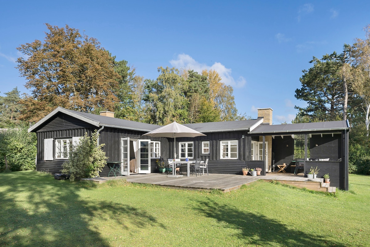The summer house is surrounded by a spacious garden, featuring a large wooden deck with dining and lounge areas. A covered terrace is visible, providing a shaded spot. The black wooden exterior complements the lush greenery and trees that frame the property.