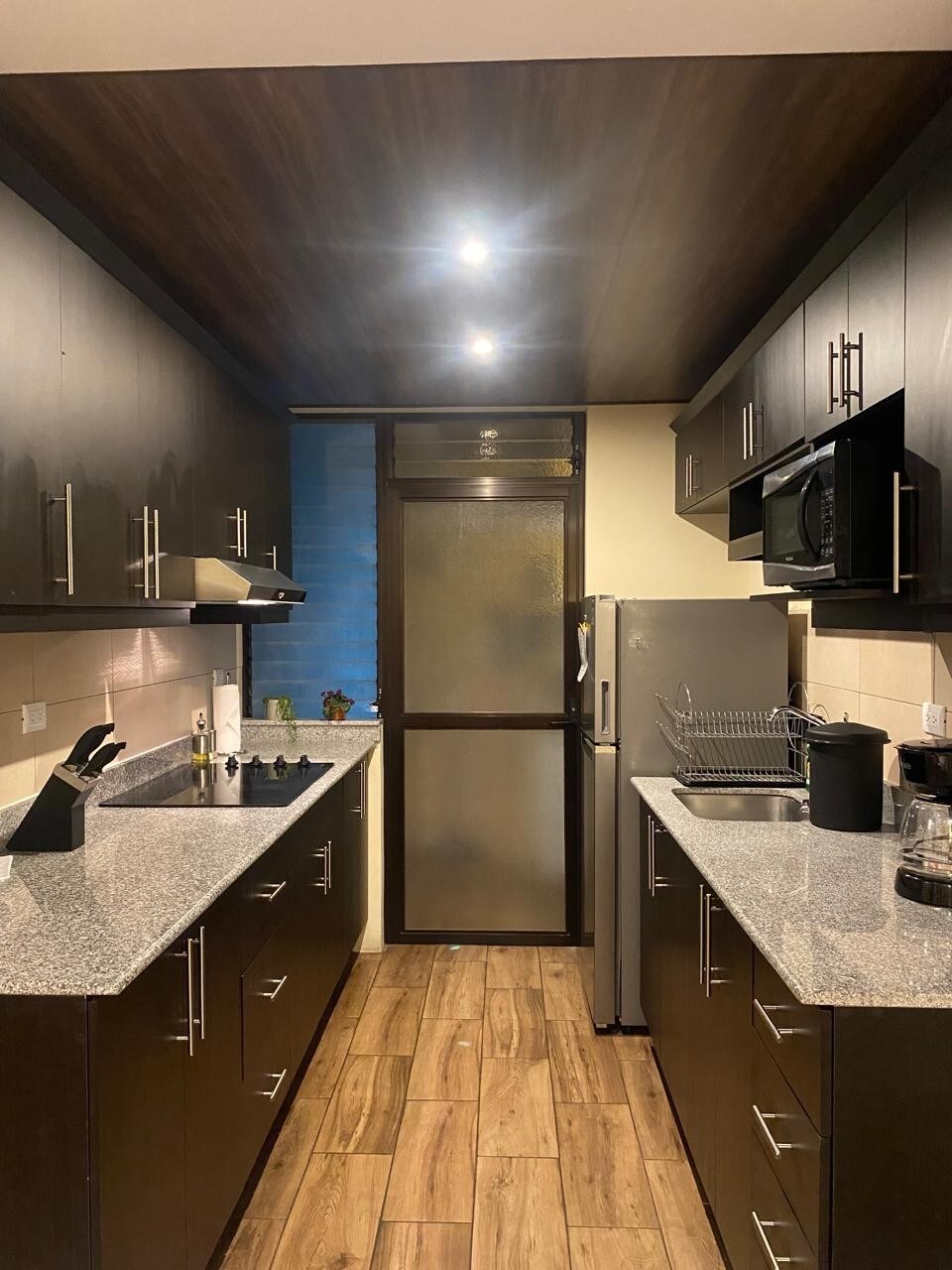 The modern kitchen is equipped with dark cabinetry and a matching countertop. Stainless steel appliances, including a refrigerator and microwave, are arranged for convenience. Ample counter space is available for meal preparation, and natural light filters through a frosted glass door.