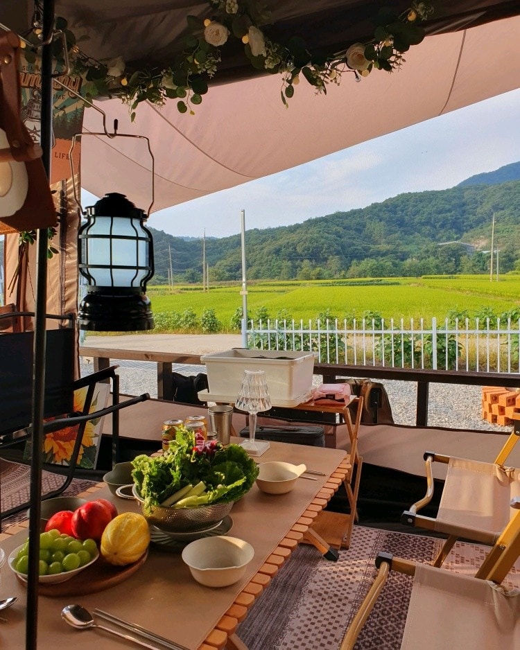 An inviting outdoor dining area is set beneath a canopy, featuring a table adorned with a variety of fresh produce, including green lettuce, grapes, and apples. Views of rolling green fields and mountains are visible in the background, enhancing the serene atmosphere.