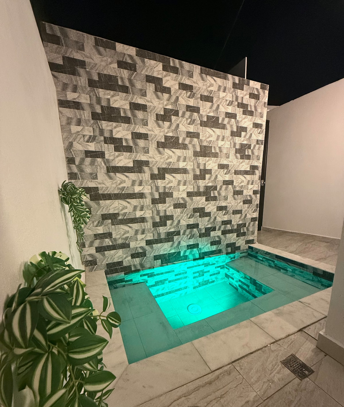 A private pool is highlighted by a textured stone wall and illuminated in soft green light. Marble flooring complements the sleek design, while a decorative plant adds a touch of greenery. The tranquil setting is perfect for relaxation and intimacy.