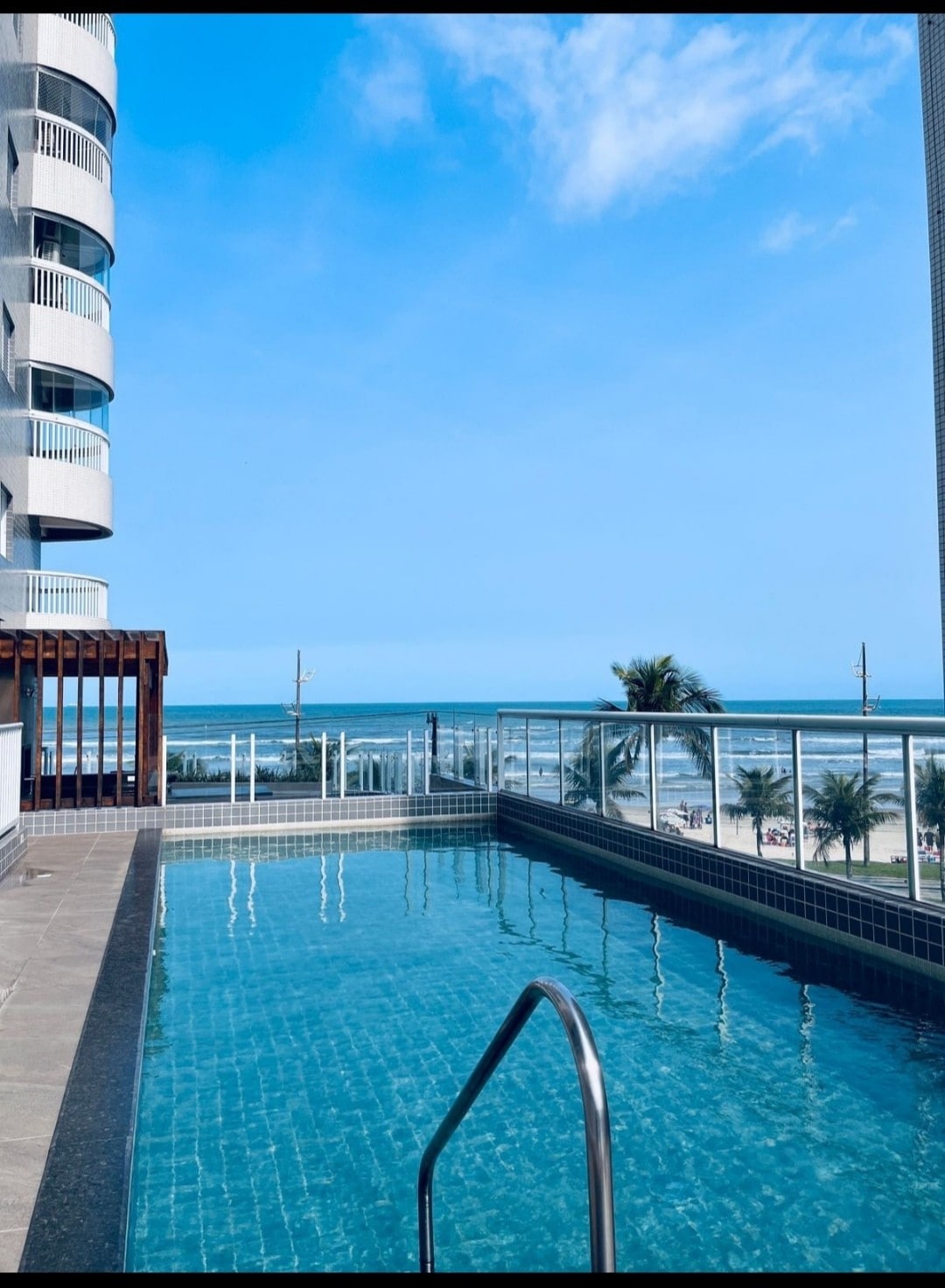 An outdoor pool is visible with clear blue water and steps leading into it. Surrounding palm trees frame the view, which overlooks the beach and ocean. The area features a glass railing that maximizes the scenic perspective.