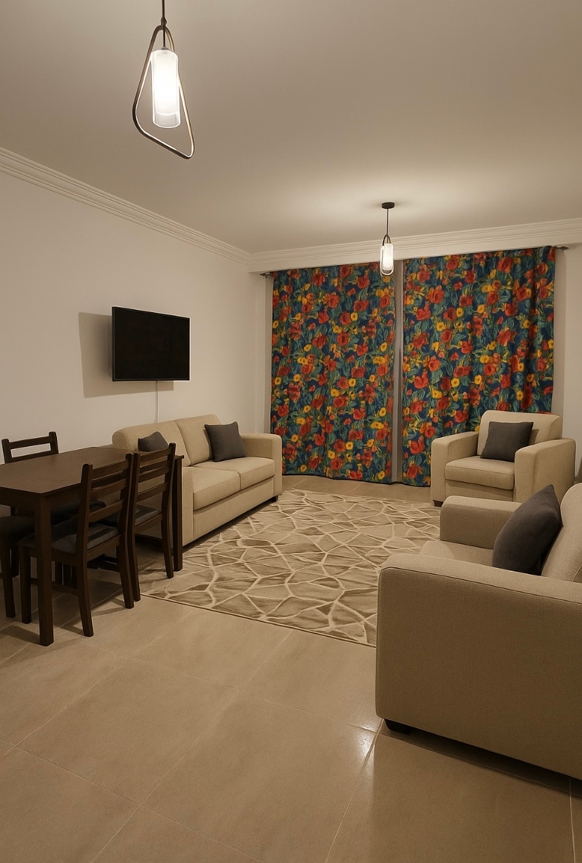A comfortable living area is presented with two light-colored sofas and a pair of armchairs, complemented by decorative cushions. A rectangular dining table with four chairs is positioned nearby. The large windows are dressed in bright floral curtains, adding a splash of color to the space.