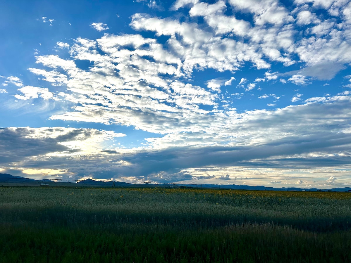 A wide expanse of green fields stretches toward distant mountains, under a sky filled with dynamic clouds. The horizon features variations in light, with a soft blend of sunlight breaking through the cloud cover.