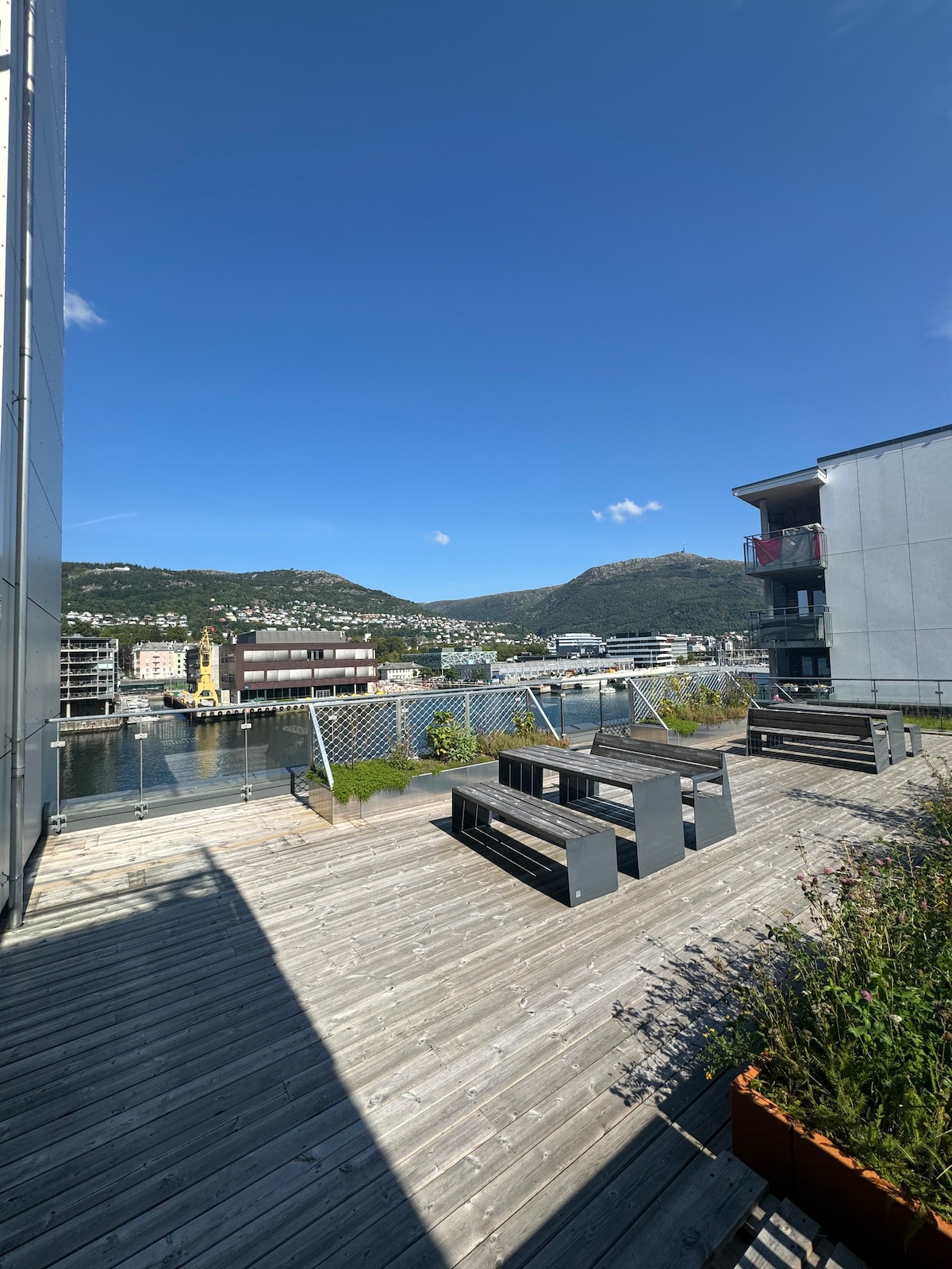 An expansive private balcony is shown, featuring wooden decking and a large table with benches. Lush greenery decorates the space, and a scenic view of the waterfront and surrounding hills is visible under a clear blue sky.