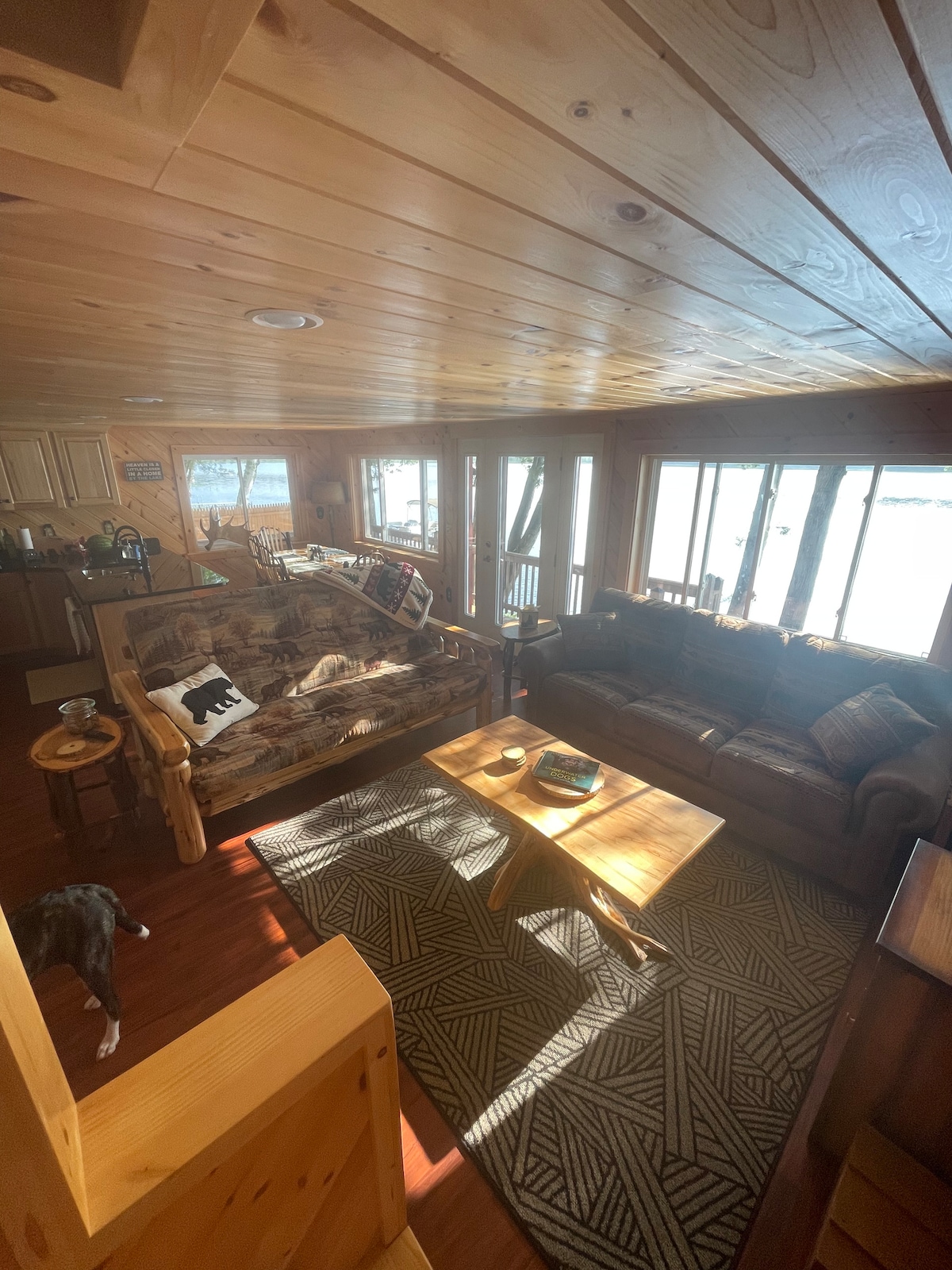 Გახსენით იატაკის გეგმა, სმარტ-ტელევიზორი, წიგნები კარადაში, კაბინის ფუტონი, წყლის პირდაპირი ხედები. 