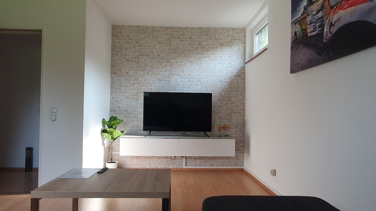 A living area is presented with a large flat-screen TV positioned on a minimalist white cabinet. A light-toned coffee table sits in front, and a decorative plant adds a touch of greenery. Natural light filters in through the window, highlighting the textured stone wall.
