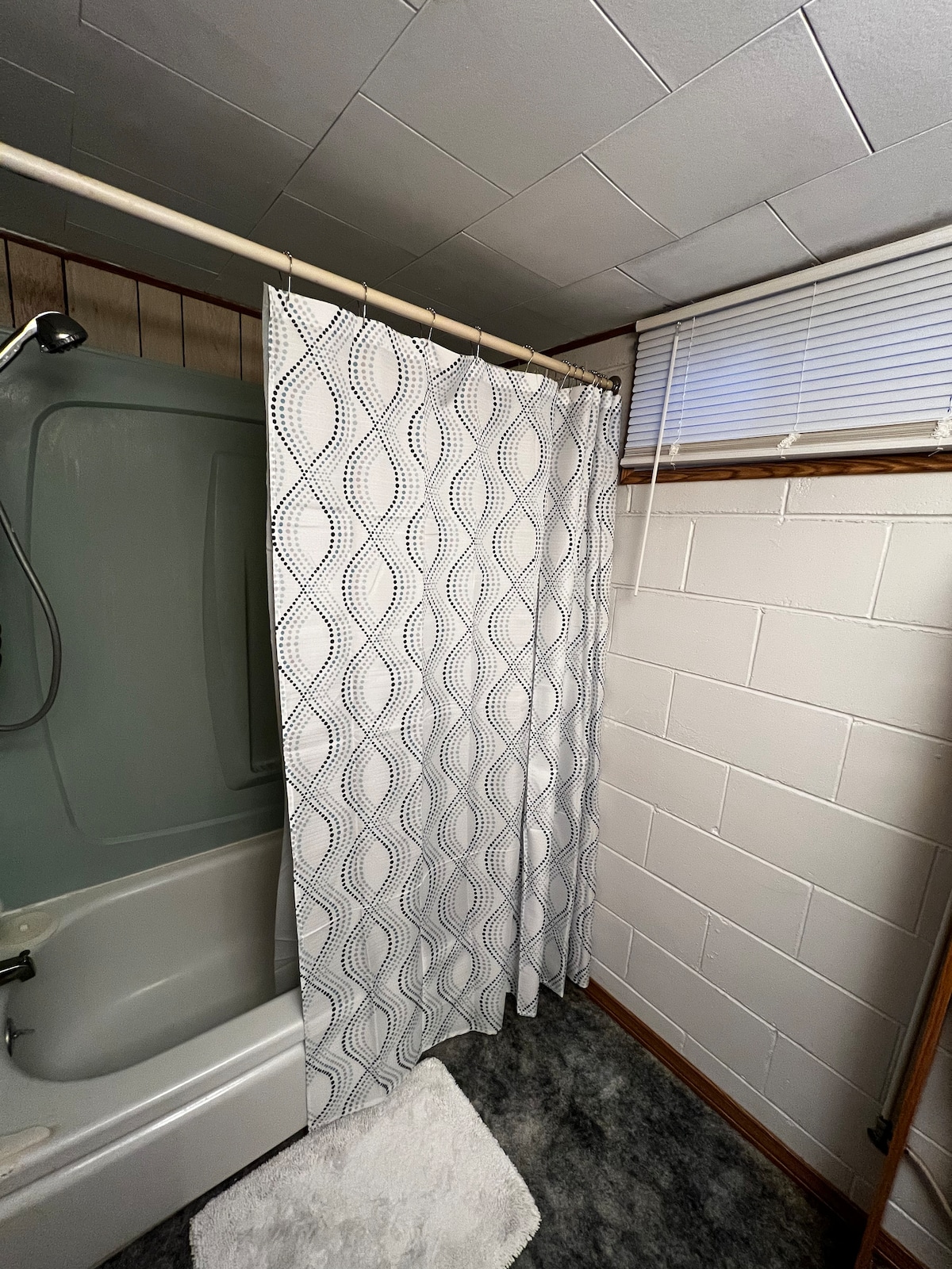 The bathroom features a shower/tub combination, equipped with a decorative shower curtain. A soft white bath mat is placed in front of the tub. The space is well-lit by a nearby window covered with blinds.