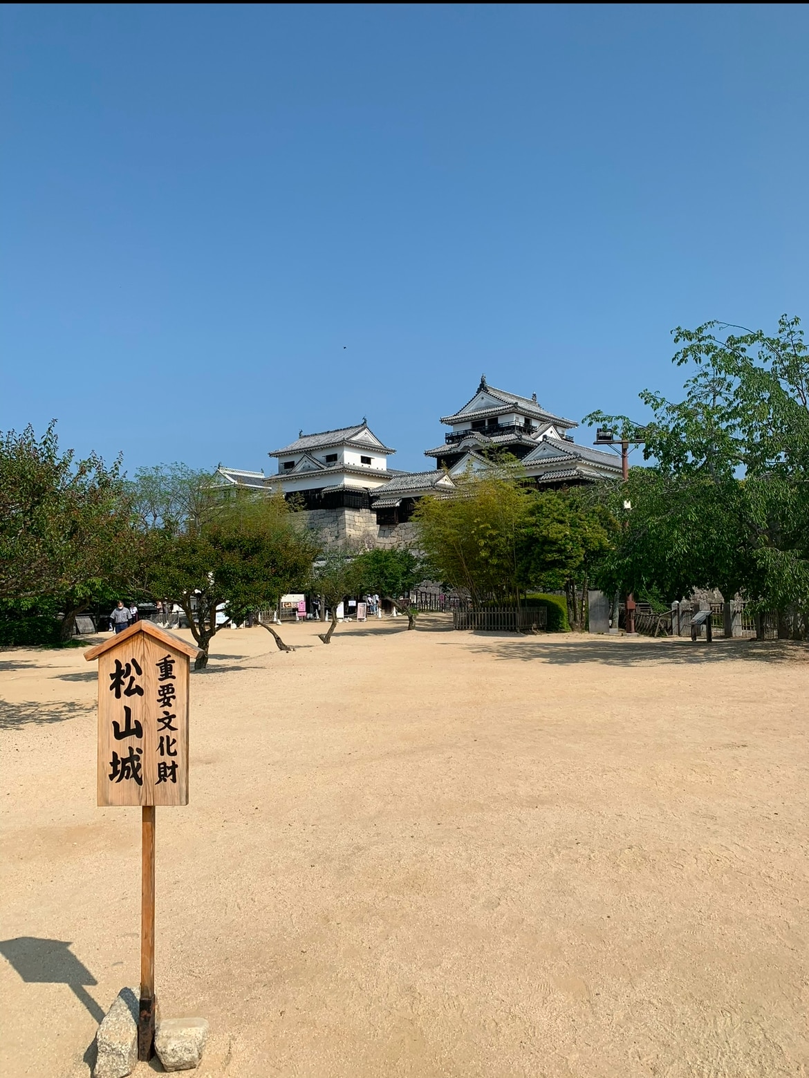 A sandy area is depicted with sparse vegetation and a wooden sign indicating Matsuyama Castle. The castle towers are visible in the background against a clear blue sky, surrounded by trees that provide a natural setting.