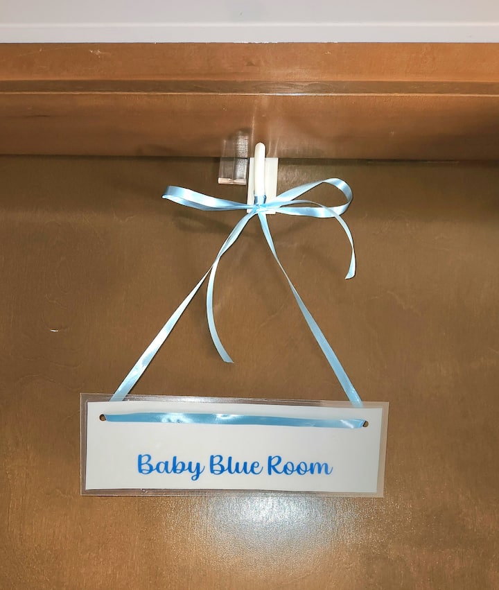 Baby Blue Room is a guest room that is the first door on the right above.