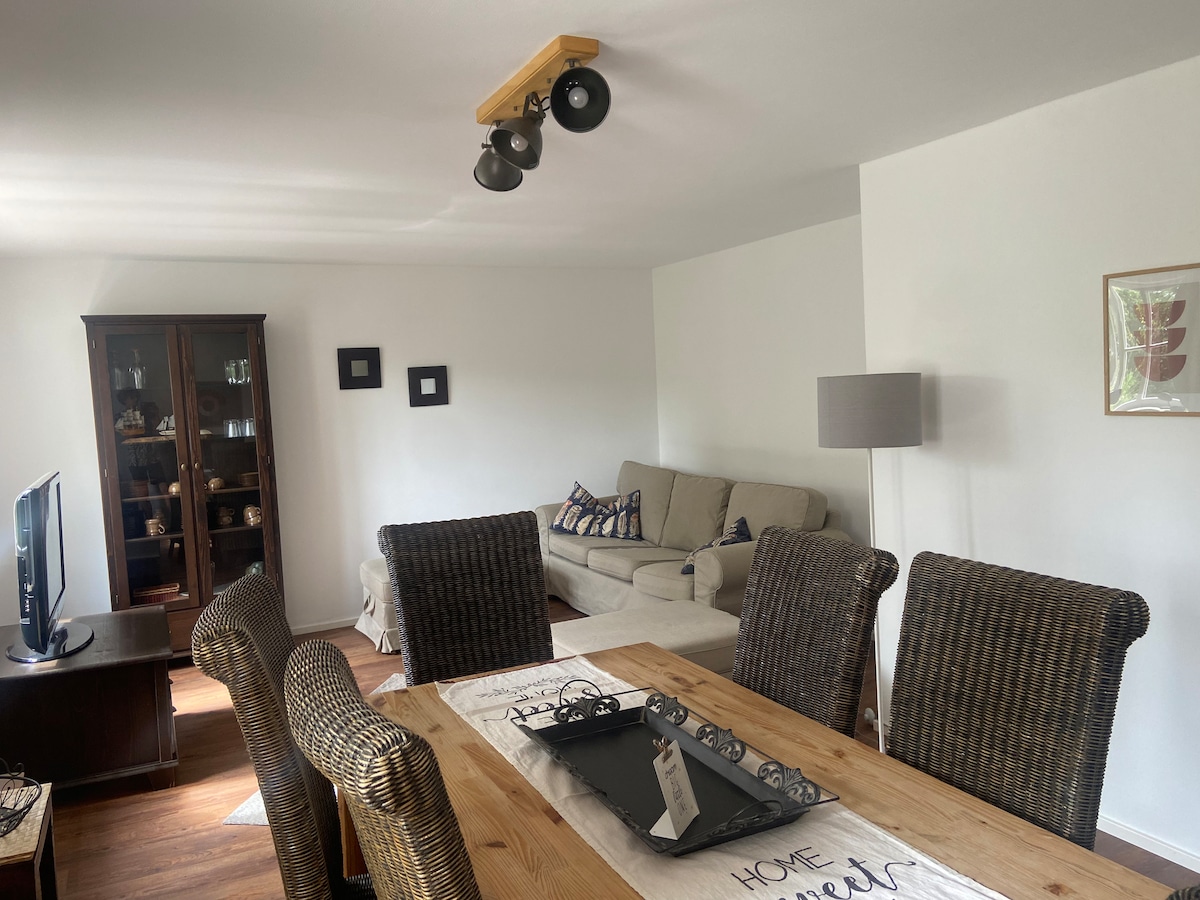 A bright living and dining area features a wooden dining table surrounded by woven chairs. A soft-colored sofa is positioned near a television, with natural light illuminating the space. Decor includes decorative items on a cabinet and framed art on the walls.