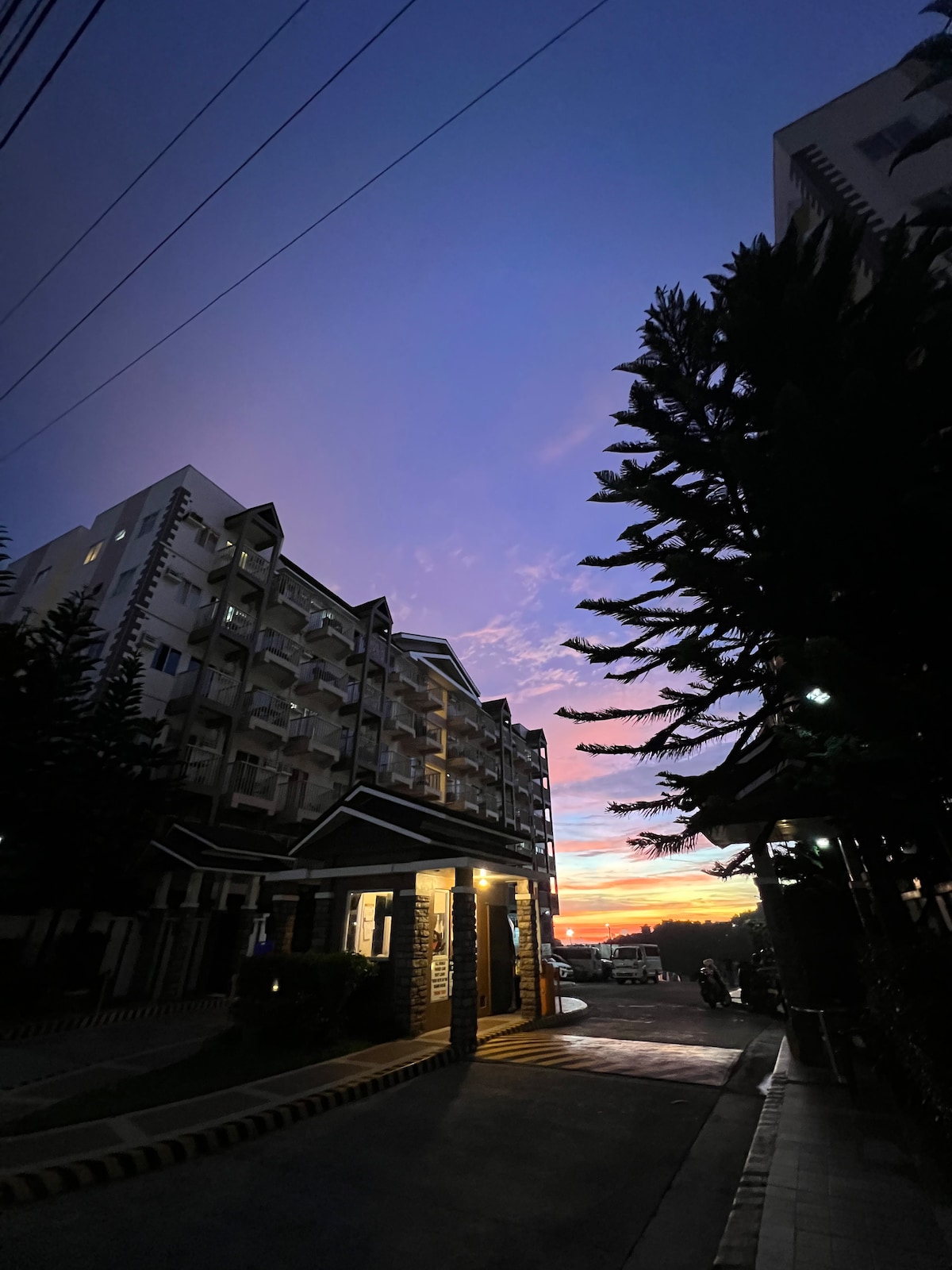 The building façade is framed by tall trees, with soft lighting illuminating the entrance. The sky is painted in shades of purple and orange, suggesting a serene sunset. The architecture features multiple levels, blending seamlessly into the surroundings.