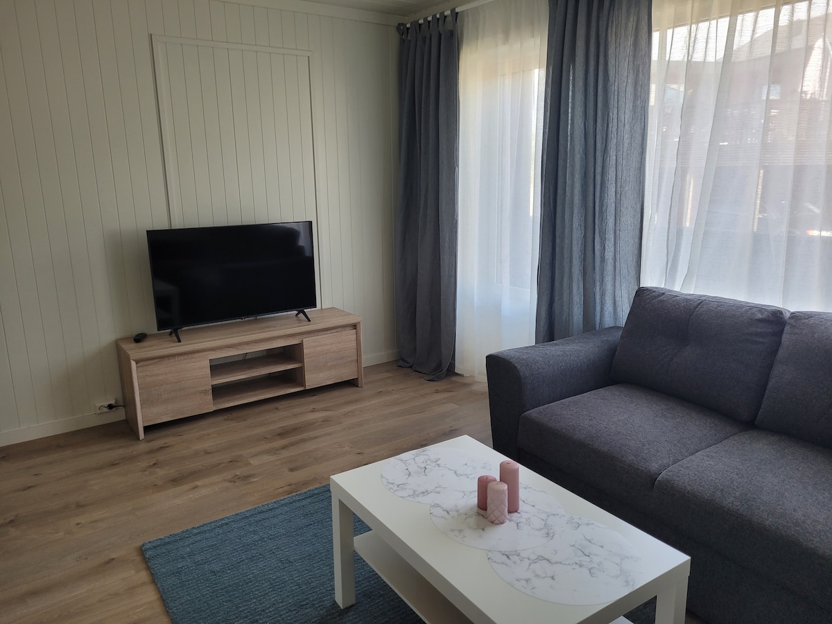 A bright living area features a dark gray sofa and a light marble coffee table with three pink candles arranged on it. A large flat-screen TV is positioned on a wooden stand. Natural light filters through sheer curtains, enhancing the space's openness.