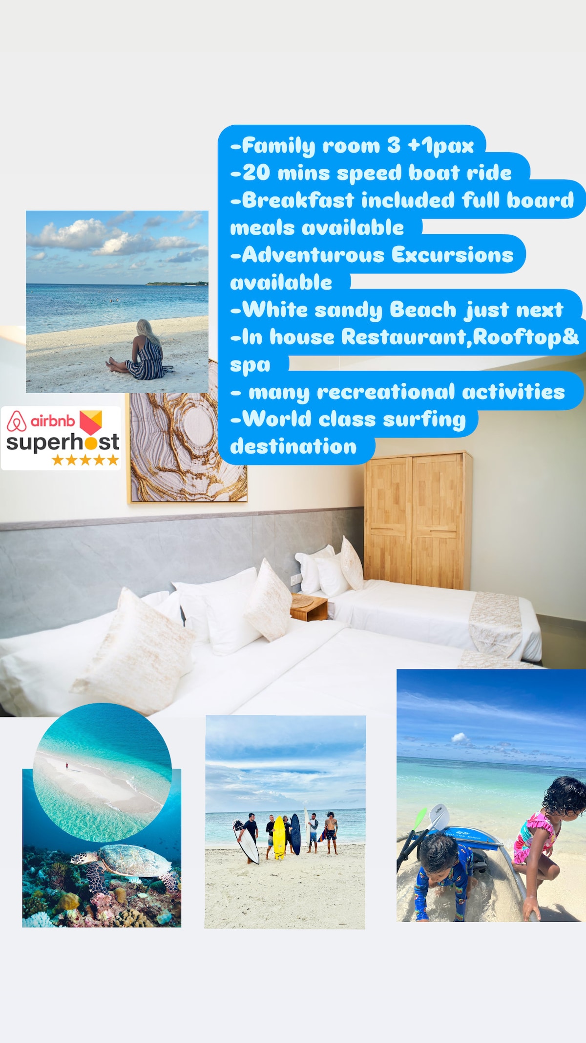 A spacious family room with a comfortable bed offers a serene retreat. Sunlight filters through a nearby window, illuminating soft bedding. The room's beach-themed decor complements the nearby sandy shore and a vibrant blue sky. An inviting atmosphere for relaxation is suggested.
