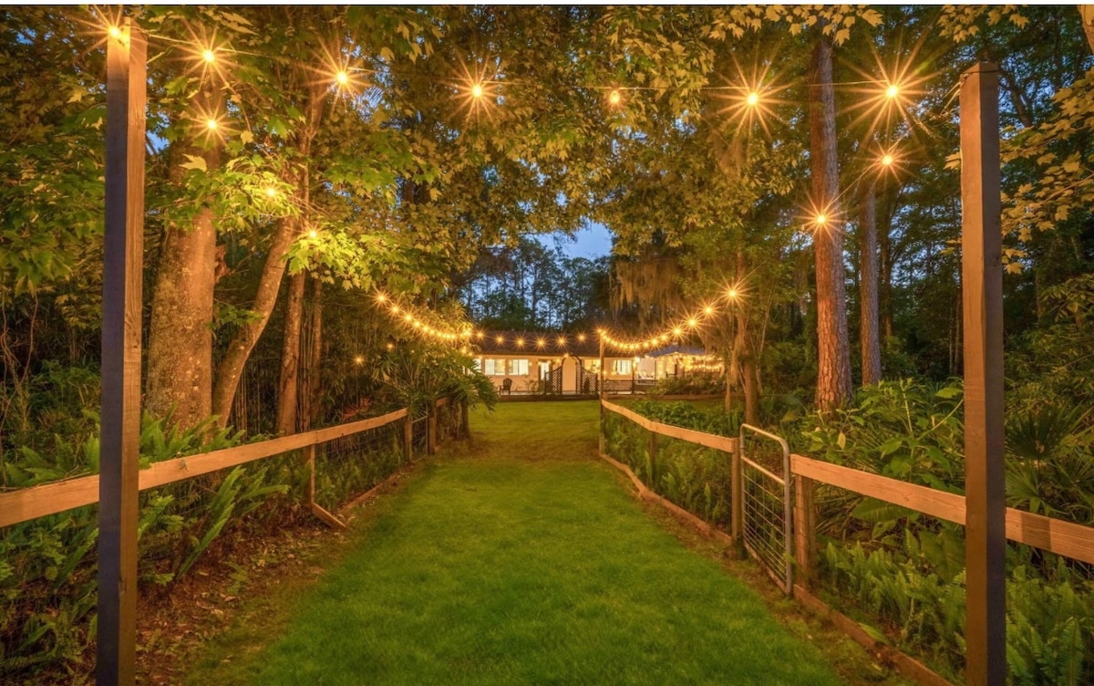 A beautifully lit pathway leads to a charming home, surrounded by lush greenery. String lights hang gracefully overhead, creating a serene ambiance as dusk settles. The scene is framed by tall trees, enhancing the private and tranquil setting.