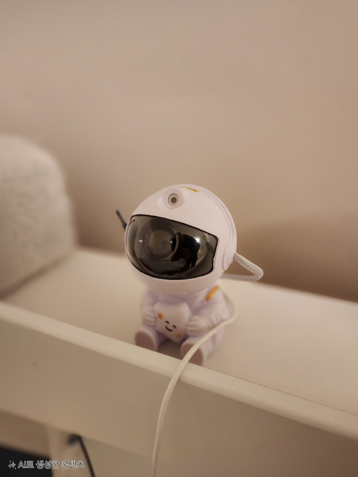 A small, cute astronaut figurine is positioned on a ledge. The figure features a large, dark visor and is sitting in a relaxed posture. A white charging cable extends from the figurine, adding a functional aspect to its playful design.