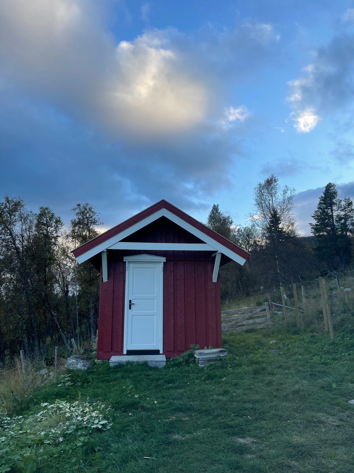 A small red wooden cabin is situated on a grassy hillside, featuring a white door and a slanted roof. The surrounding area includes grass and wildflowers, with trees in the background under a cloudy sky.