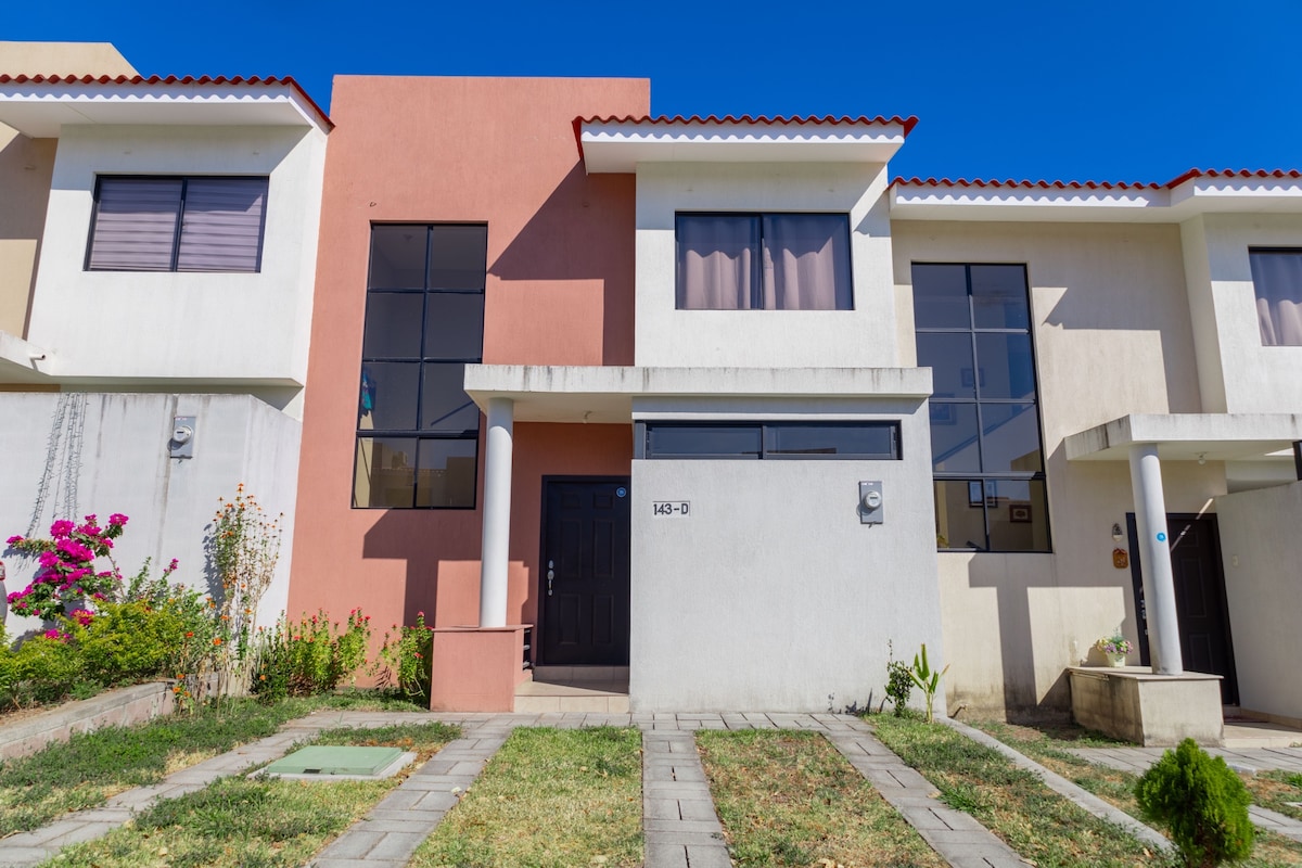 The exterior of a modern two-story house is depicted, featuring a blend of light and dark painted walls. Large windows allow natural light to flood the interior, while a neat pathway and landscaped greenery lead to the entrance. Colorful flowering plants add a natural touch.
