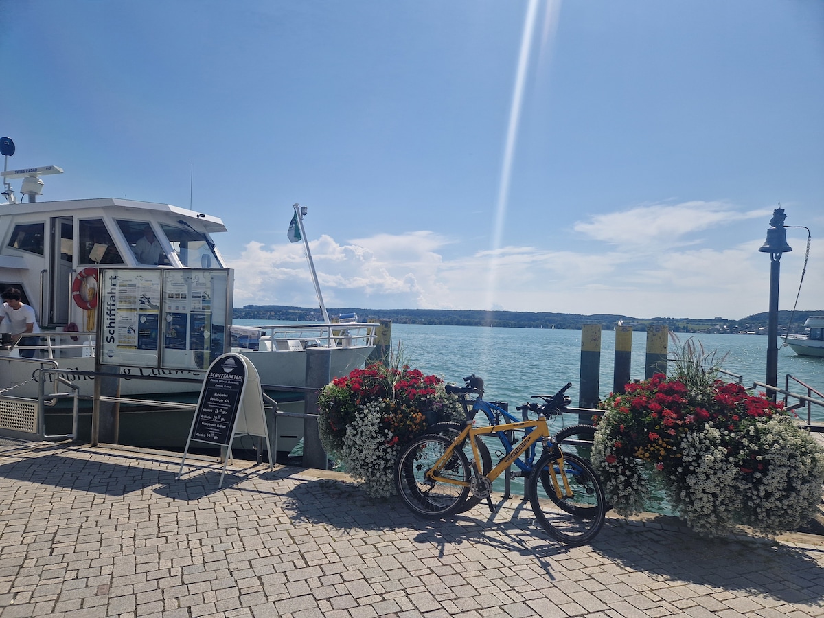 A scenic waterfront view features a moored boat beside the shore, with bicycles parked nearby. Colorful flower planters add greenery to the stone-paved walkway, while a clear blue sky enhances the tranquil atmosphere of the harbor.